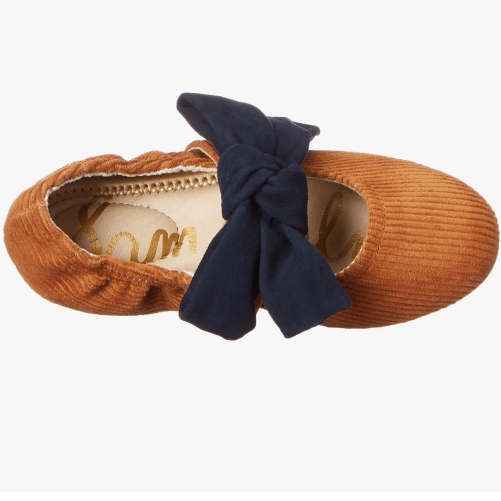 Sam Edelman Girls' Corduroy Mary Jane Flats in Rust with Navy Bow